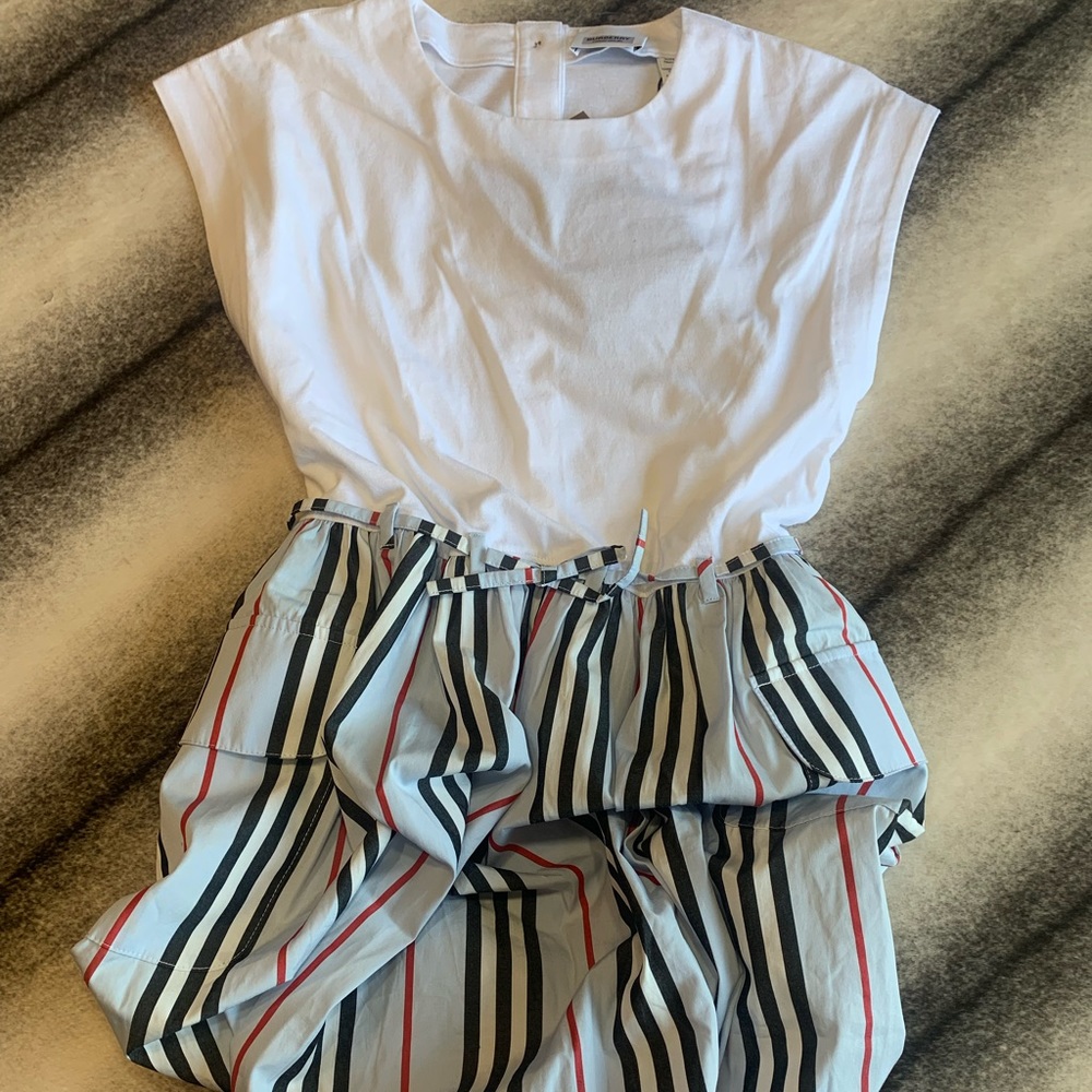 Burberry White Top with Striped Blue, Black & Red Skirt Kids Dress